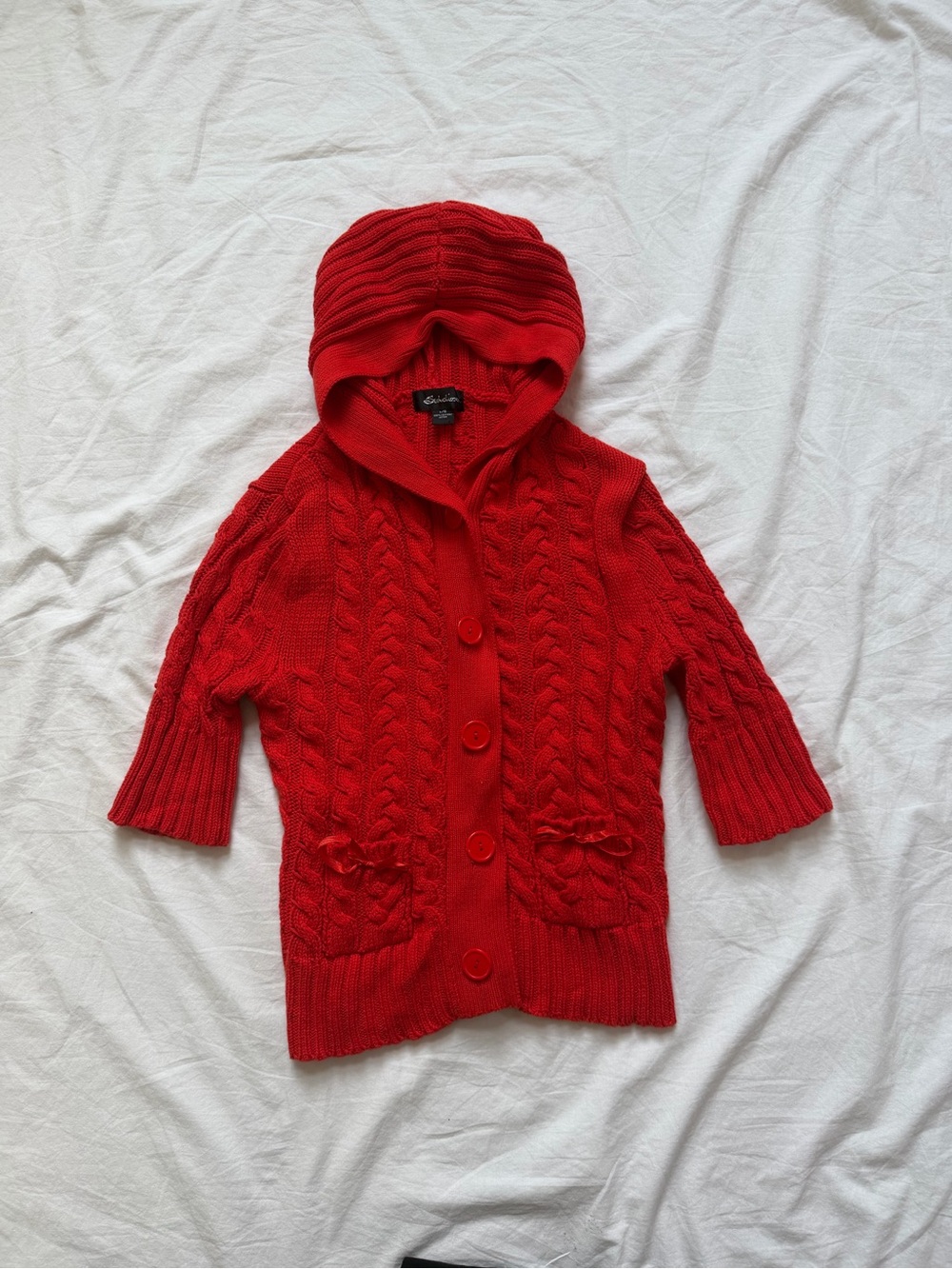 Girls' Red Cable-Knit Hooded Cardigan